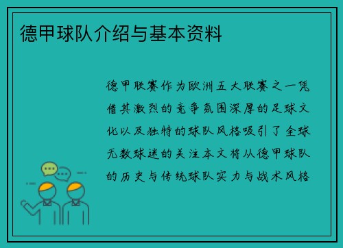 德甲球队介绍与基本资料