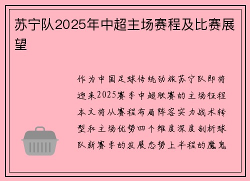 苏宁队2025年中超主场赛程及比赛展望