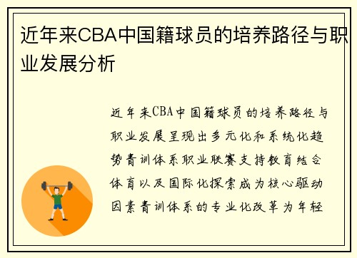 近年来CBA中国籍球员的培养路径与职业发展分析